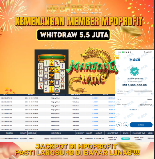 MPOPROFIT JACKPOT SLOT PRAGMATIC! KEMENANGAN MURNI DI (MAHJONG WINS 2 TOTAL 5.500.000,- LUNAS)